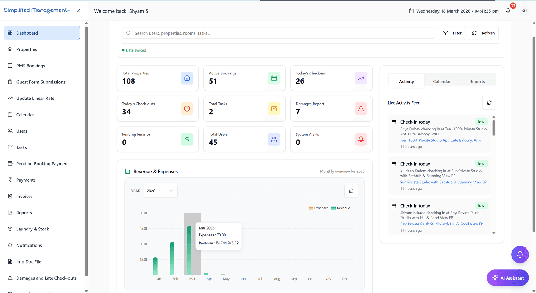 Simplified Management dashboard showing 108 properties, active bookings, today's check-ins and check-outs, revenue and expenses chart, and a live check-in activity feed